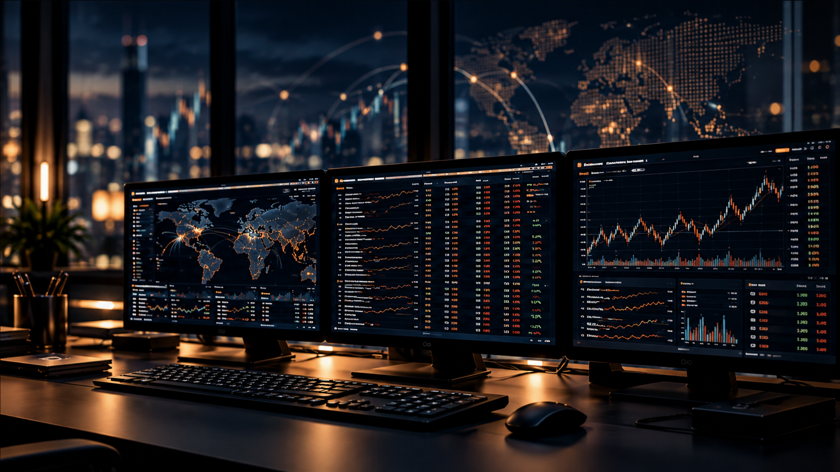 Quantitative financial analysis systems displayed across an institutional workstation
