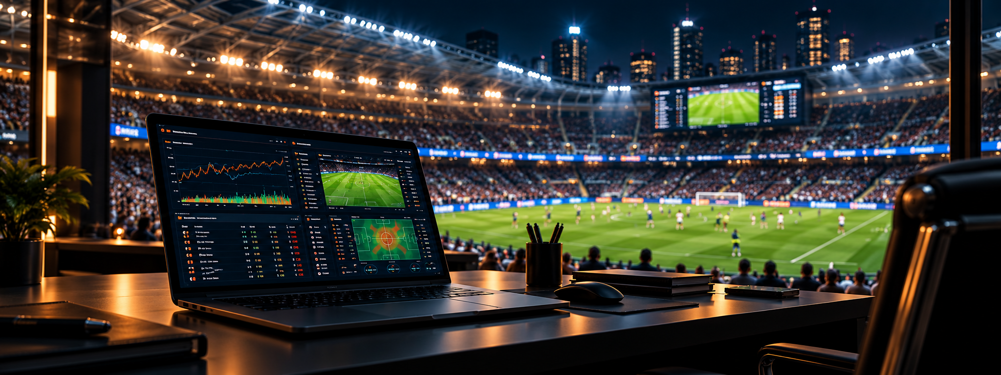 Quantitative sports analysis interface on a laptop overlooking a professional football stadium